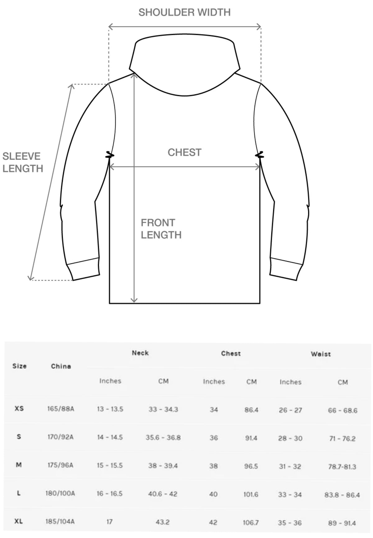 Size chart for Solace Studios Hoodies
