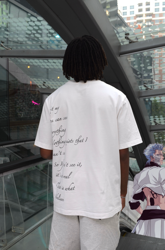 Model wearing Ulquiorra shirt back view, hollow hole graphic and handwritten monologue print