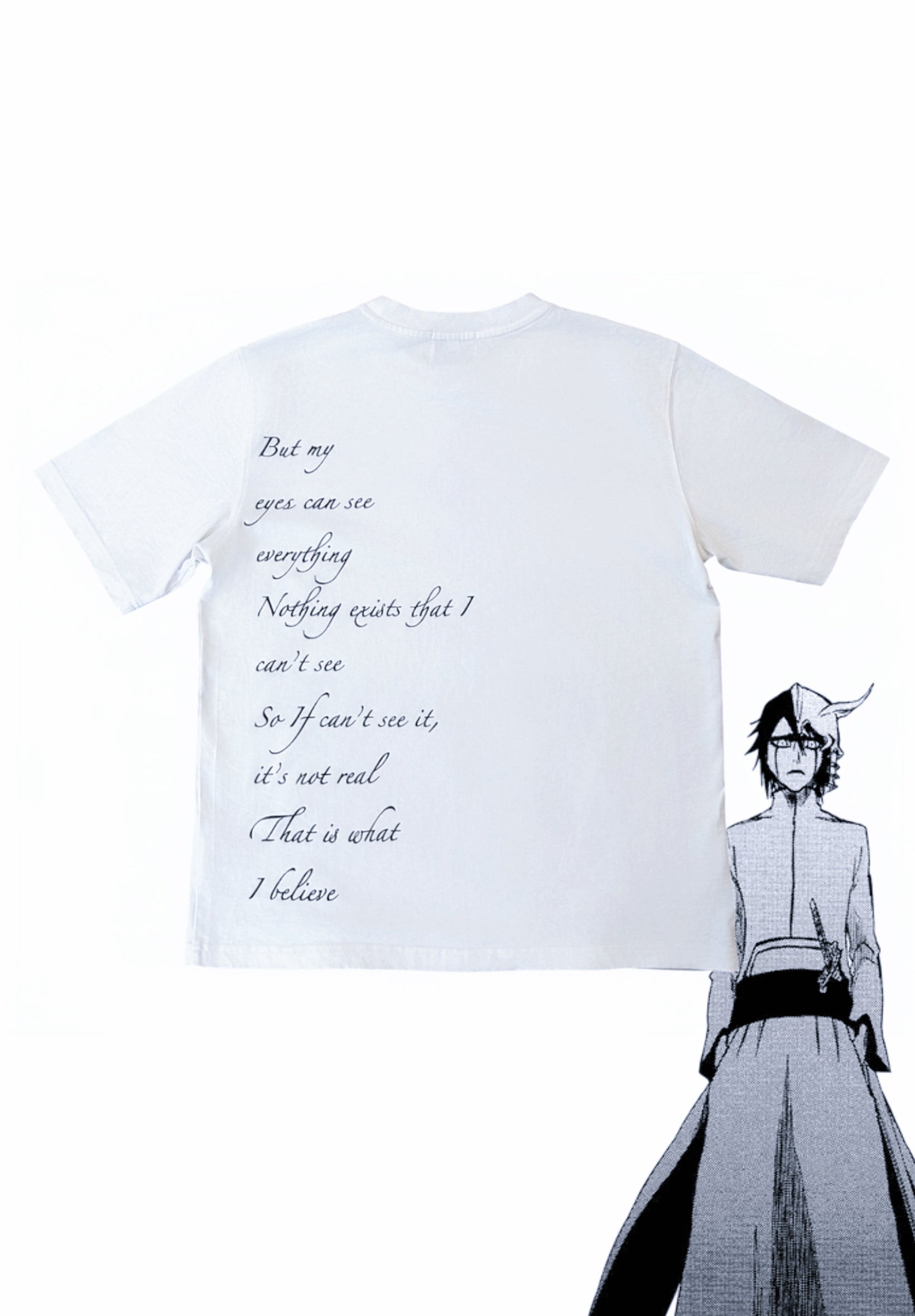 Ulquiorra shirt flat lay back, full handwritten monologue screenprint
