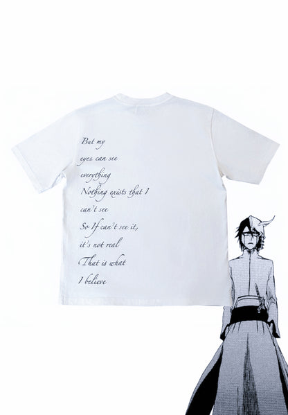 Ulquiorra shirt flat lay back, full handwritten monologue screenprint
