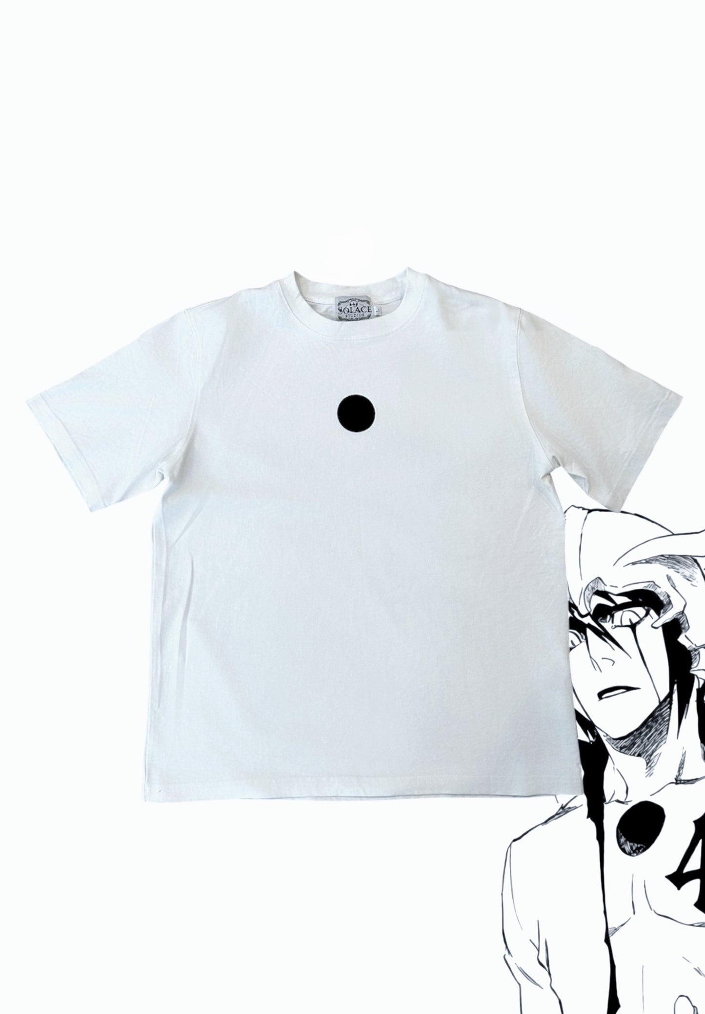 Ulquiorra shirt flat lay front, white tee with hollow hole chest graphic
