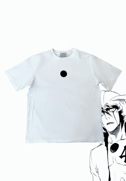 Ulquiorra shirt flat lay front, white tee with hollow hole chest graphic
