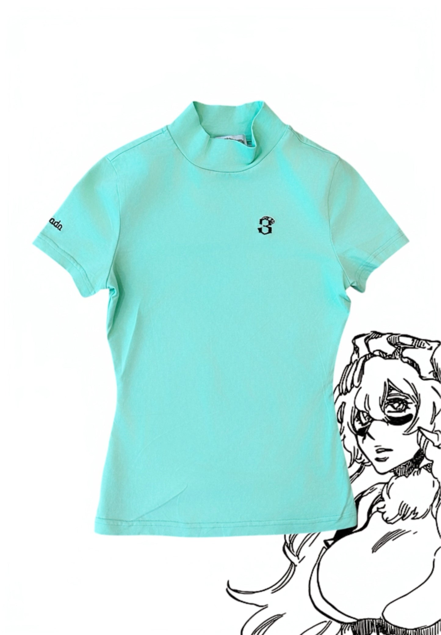 Nel mini shirt flat lay, mint mock-neck top with embroidered "3", Tercera Espada