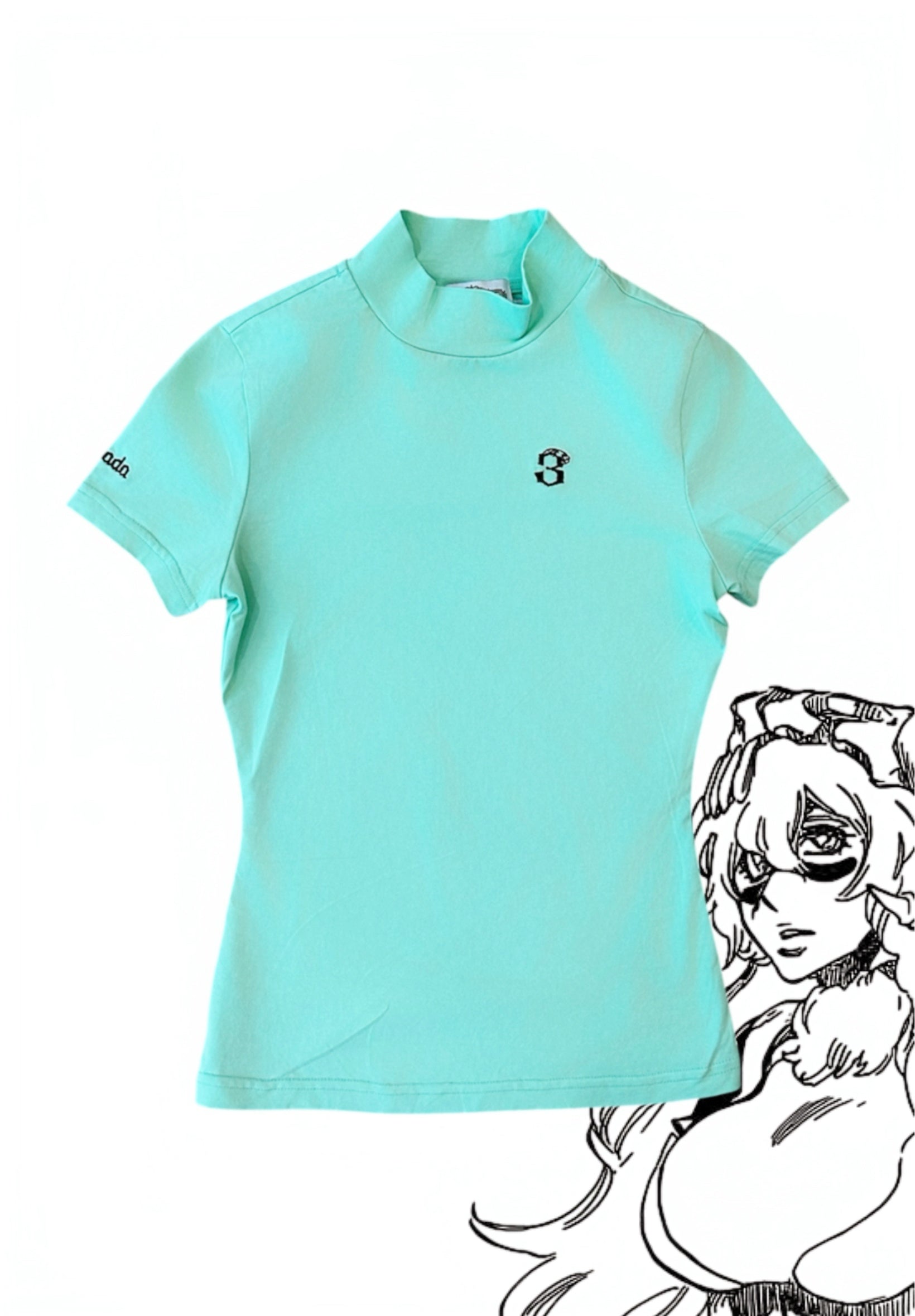 Nel mini shirt flat lay, mint mock-neck top with embroidered "3", Tercera Espada