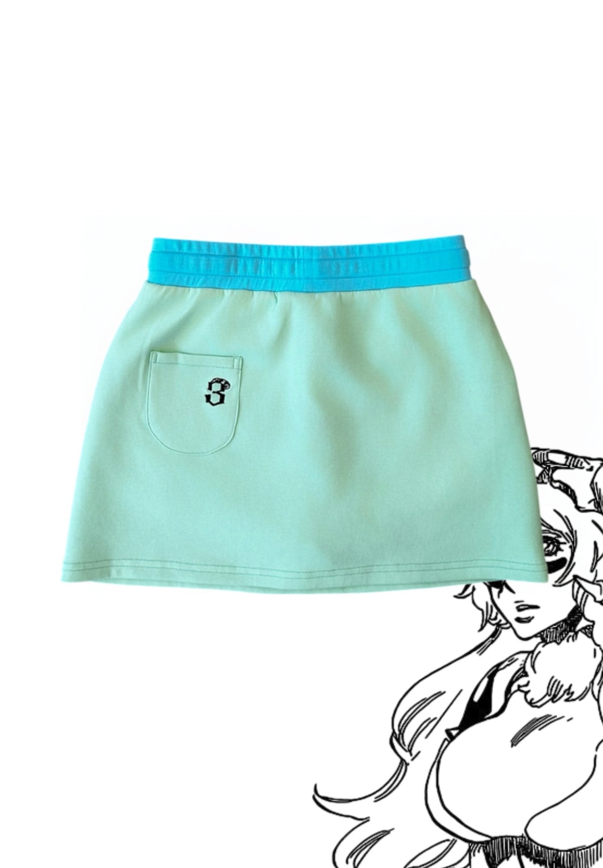 Nel mini skirt flat lay back, embroidered "3" back pocket detail, Solace Studios