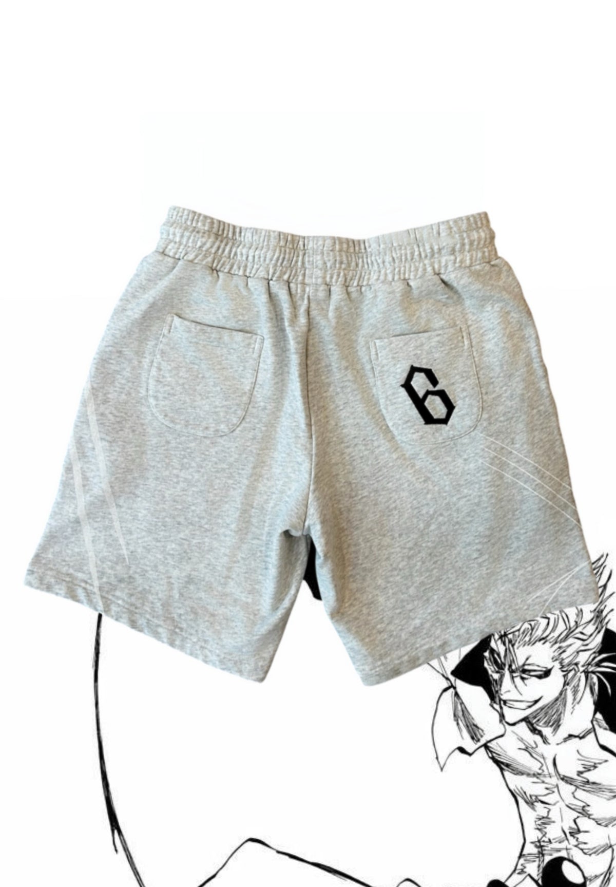 Grimmjow shorts flat lay back, embroidered "6" on pocket, Sexta Espada design
