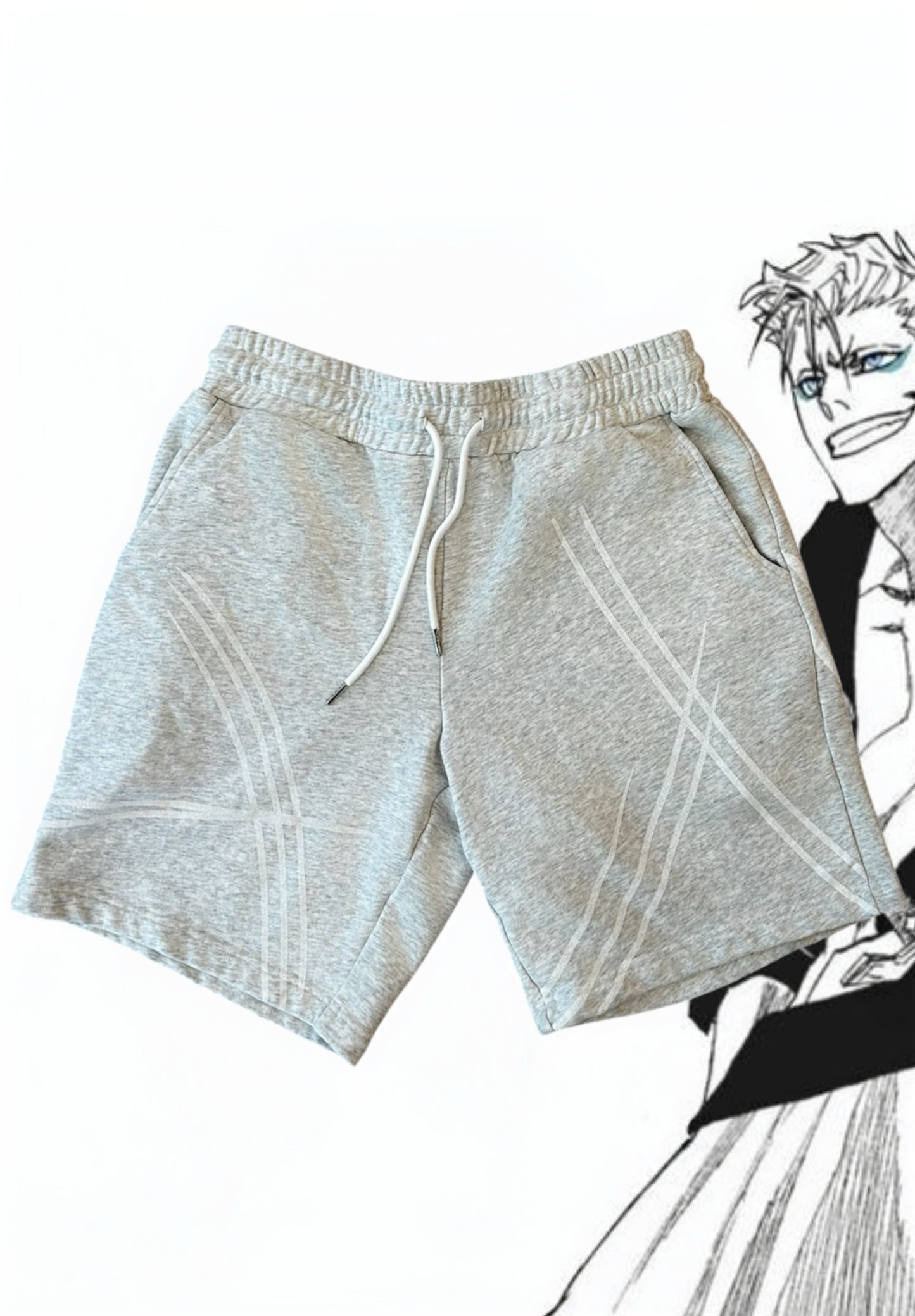 Grimmjow shorts flat lay front, heather grey with claw-mark print and drawstring waist