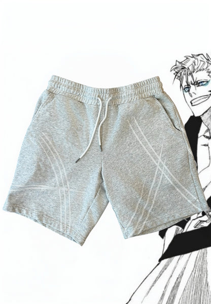 Grimmjow shorts flat lay front, heather grey with claw-mark print and drawstring waist