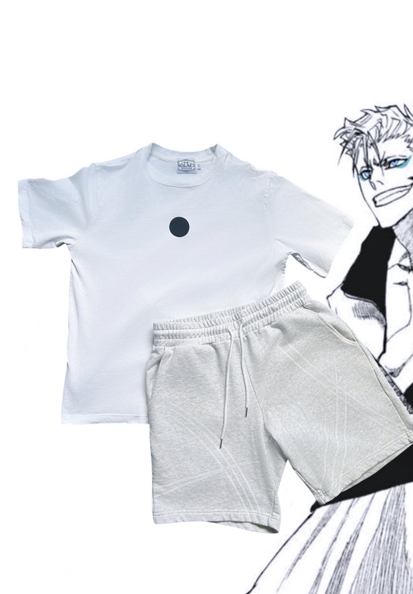 White tee flat lay with cursive back print "But my eyes can see everything, nothing exists that I can't see," paired with heather grey sweat shorts, Ulquiorra x Grimmjow inspired set
