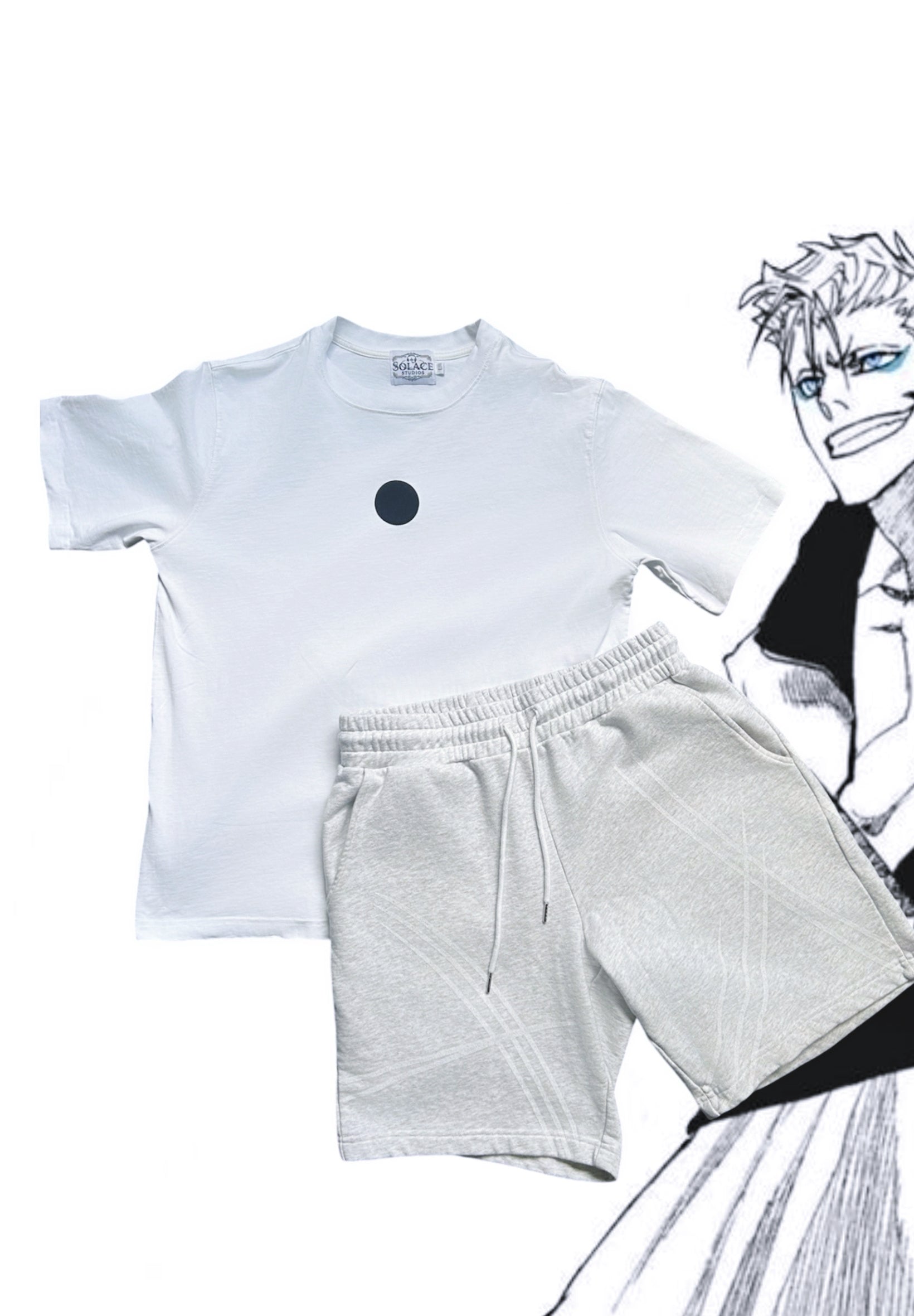 White tee flat lay with cursive back print "But my eyes can see everything, nothing exists that I can't see," paired with heather grey sweat shorts, Ulquiorra x Grimmjow inspired set
