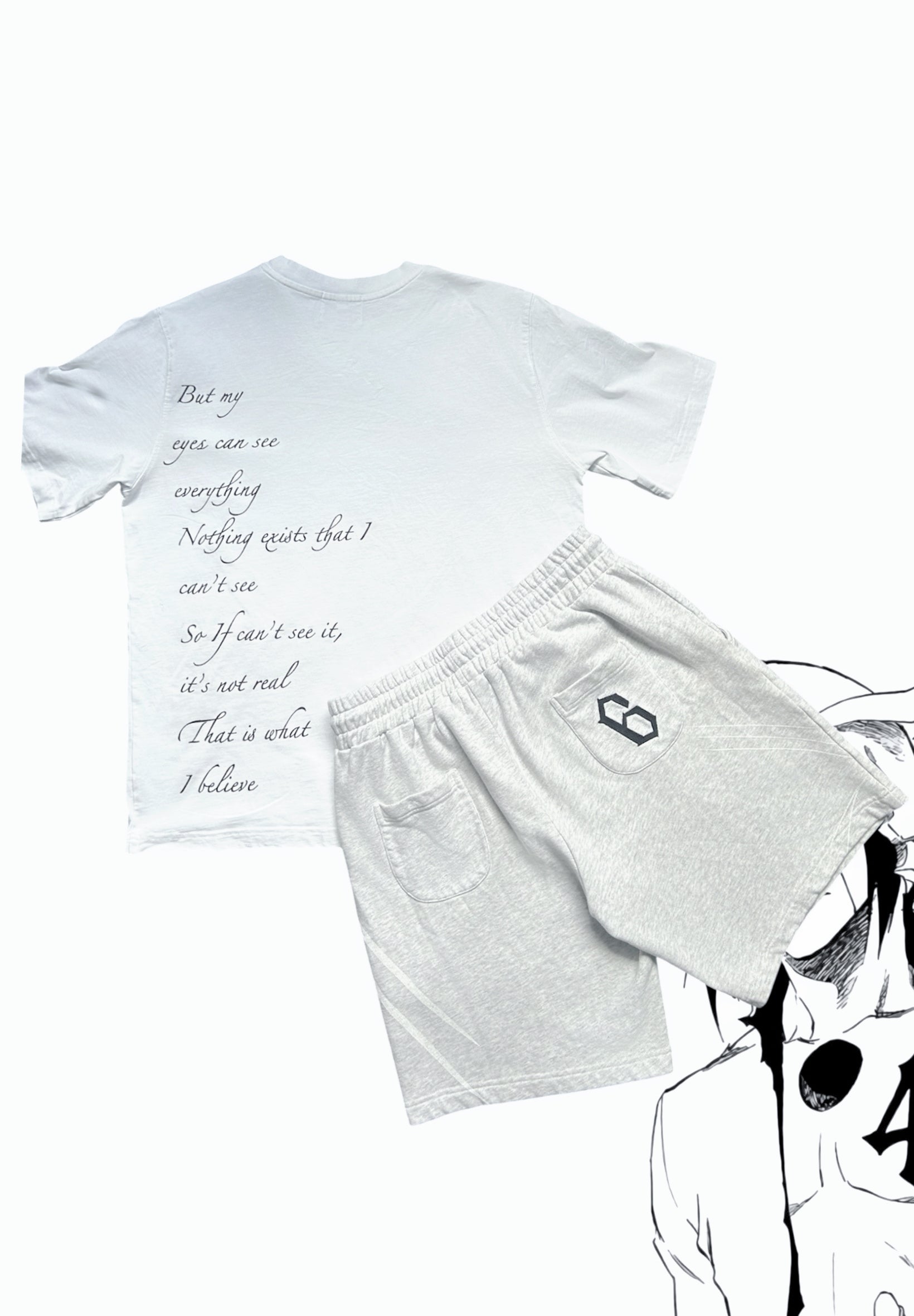 Solace Studios white tee and heather grey shorts set flat lay, embroidered pocket logo, Grimmjow x Ulquiorra inspired streetwear