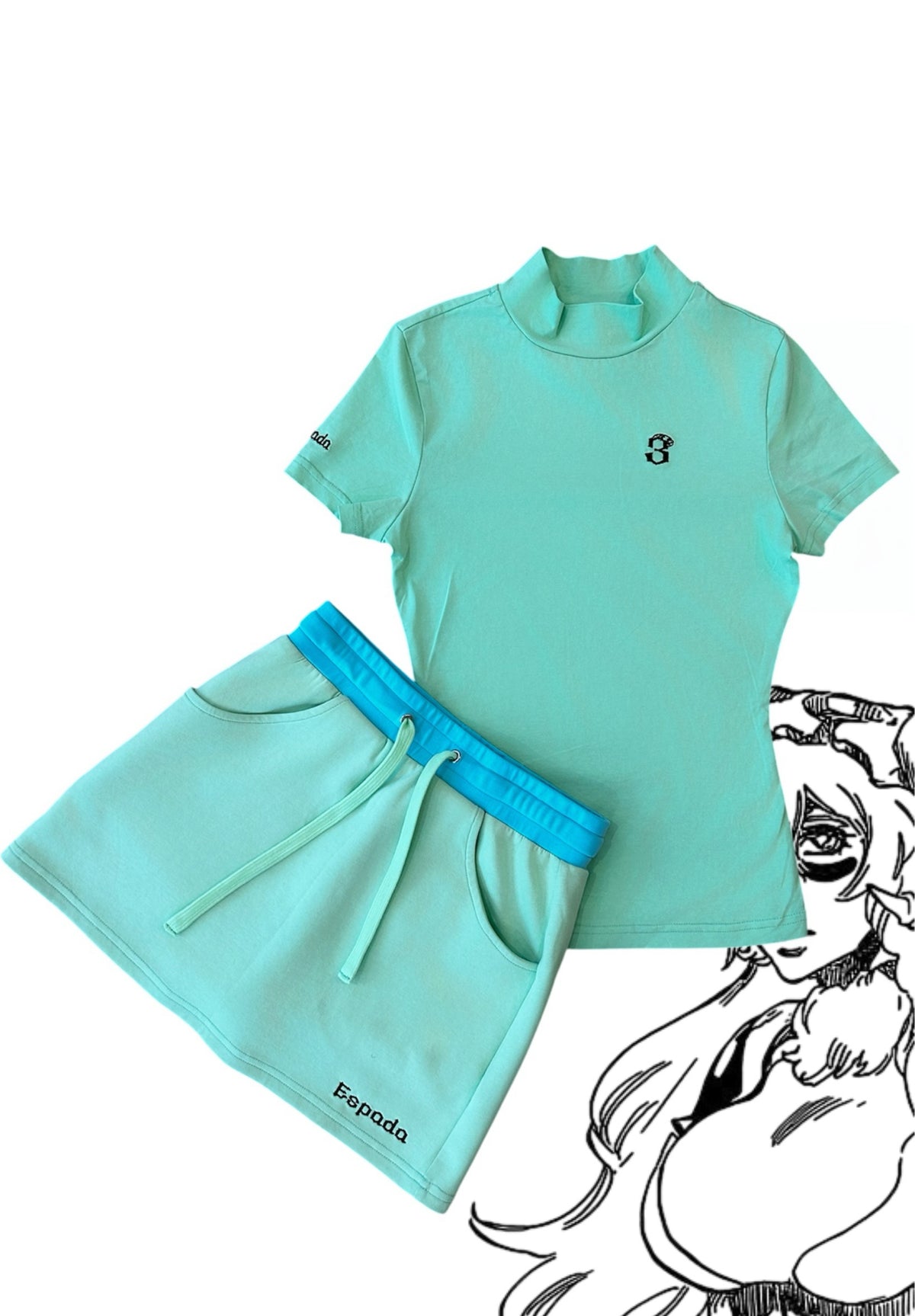 Nel set flat lay, mint mock-neck top and mini skirt with blue waistband, Third Espada bundle