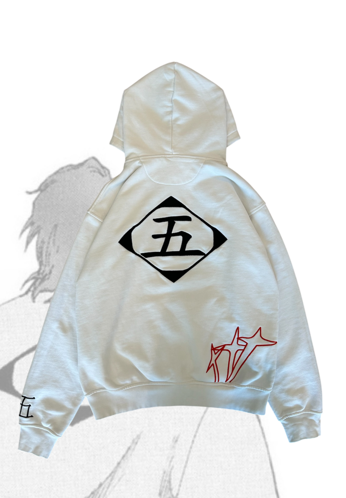 Back view of Aizen hoodie showing Division 5 kanji and kido seal by Solace Studios