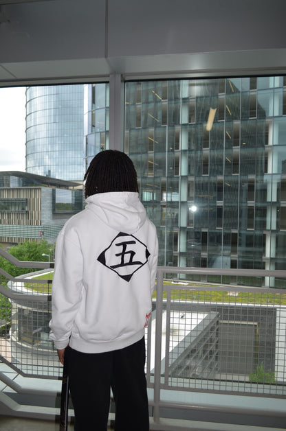 Alternate back view of Aizen hoodie showing Division 5 kanji and kido seal detail by Solace Studios