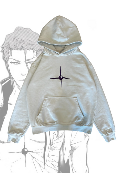 Aizen hoodie white colorway with Hogyoku embroidery on chest by Solace Studios