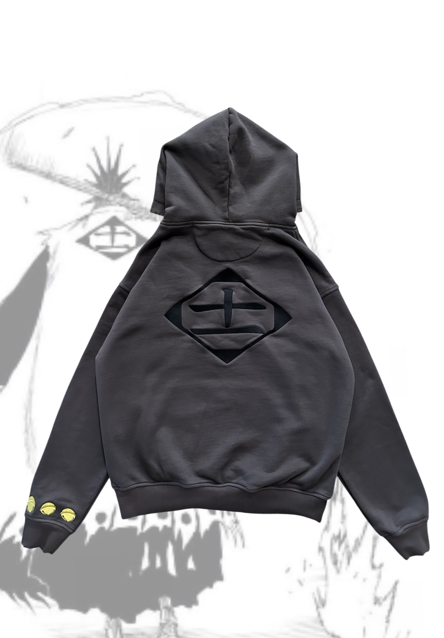 Black front flat lay of Kenpachi Zaraki hoodie with Kenpachi background by Solace Studios