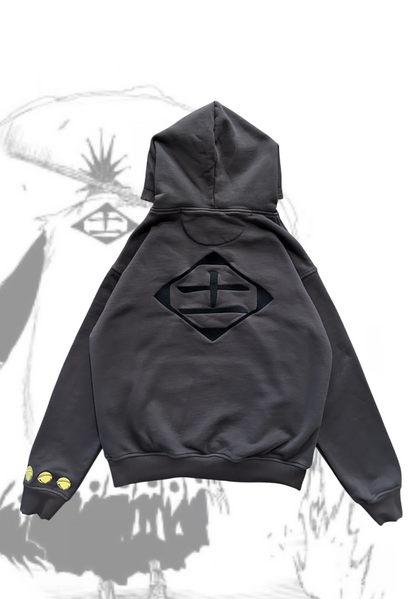 Black front flat lay of Kenpachi Zaraki hoodie with Kenpachi background by Solace Studios