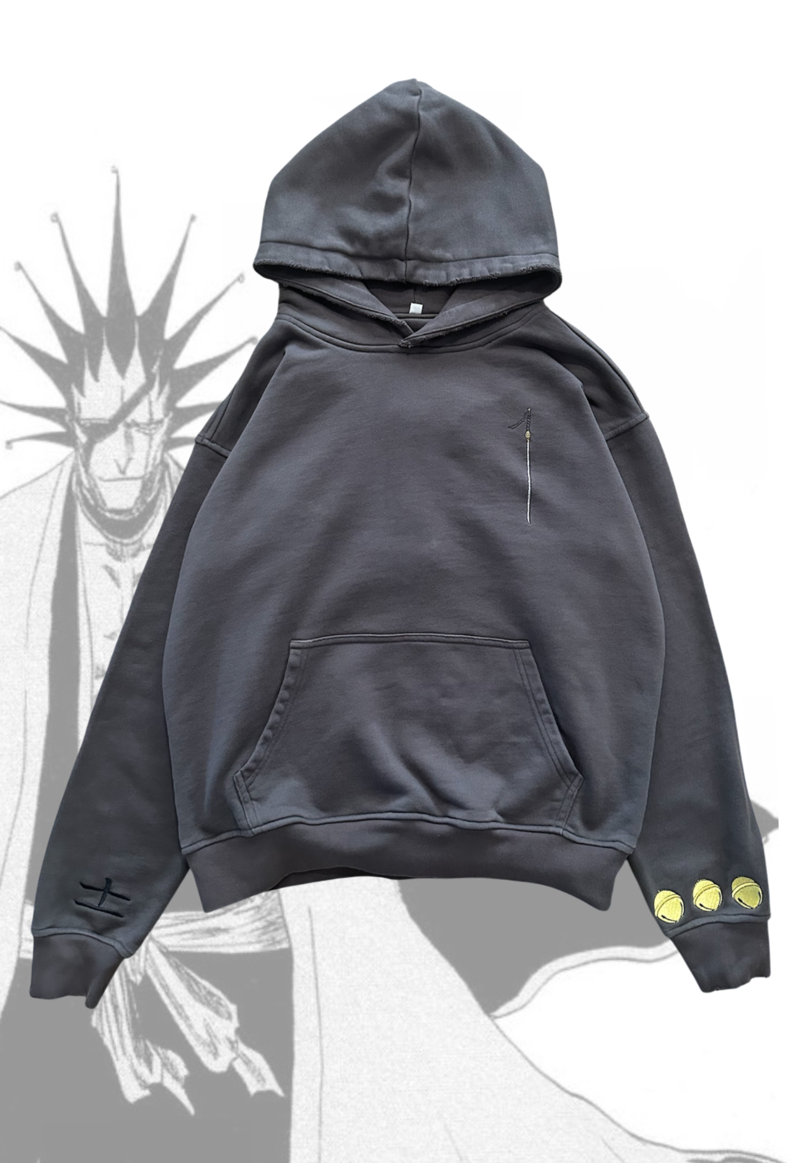 Front flat lay of Kenpachi Zaraki hoodie charcoal colorway with Kenpachi background by Solace Studios